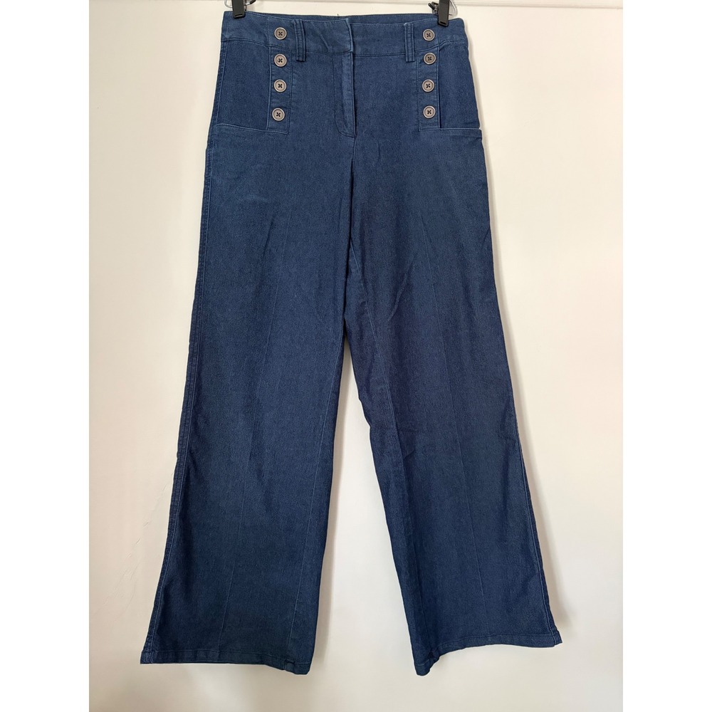 Chadwicks Womens 8P Blue Denim Sailor Pants High Rise Wide Leg Nautical Trousers